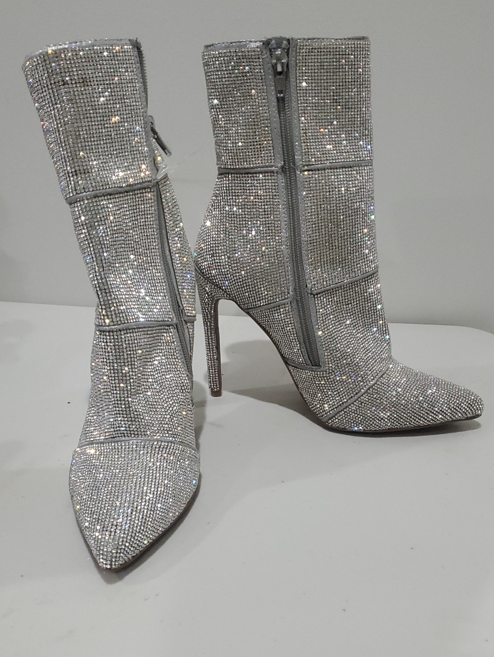 Crystal-Embellished Silver Stiletto Ankle Boots